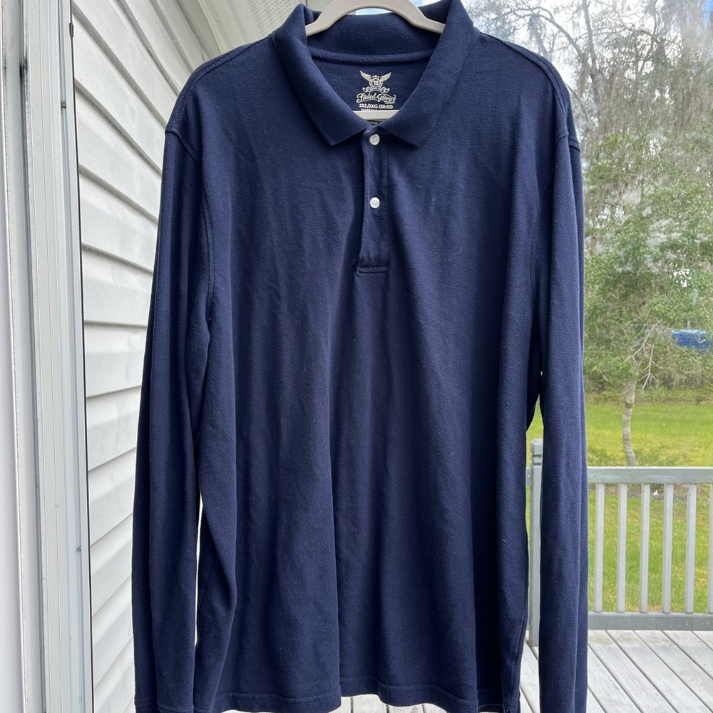 Faded Glory 2XL Mens Long Sleeve Polo Shirt, Navy Blue